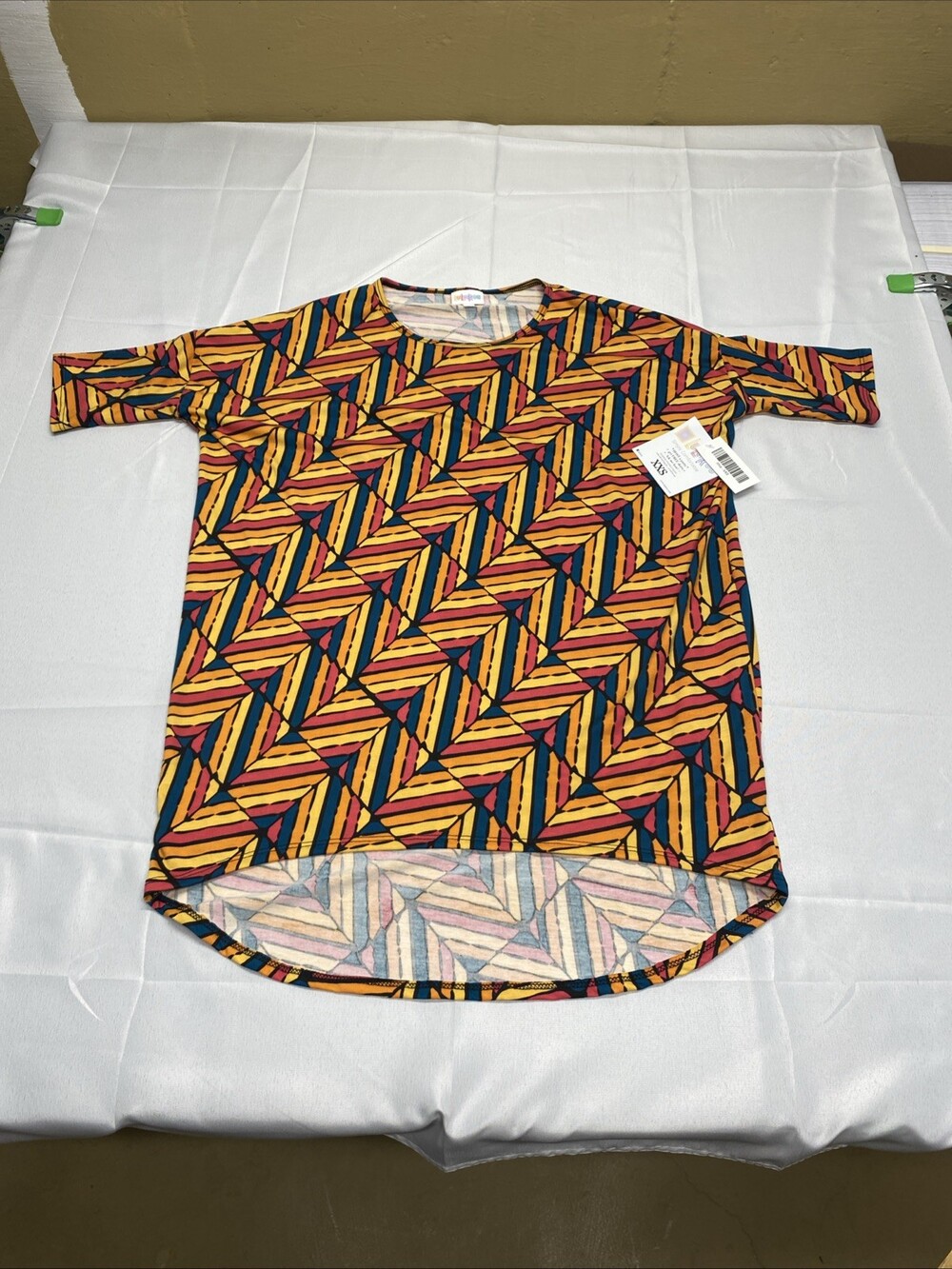 NWT LuLaRoe Irma Tunic Top Women's Size XXS Multicolor Geometric Short Sleeve